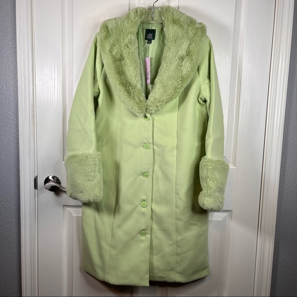 Wild Fable Long Sage Green Jacket Faux Fur Trim Button Front Size M
